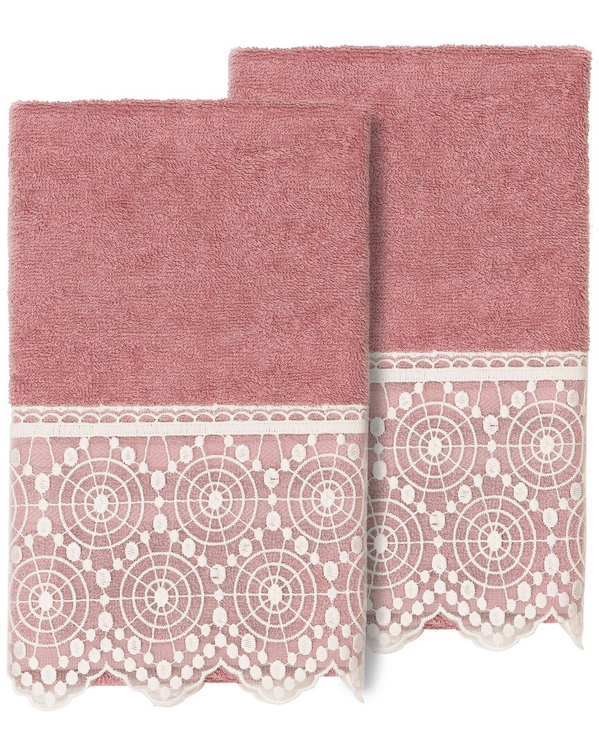 Linum Home Textiles 100% Turkish Cotton Arian 2pc Cream Lace Embellished Hand Towel Set In Pink