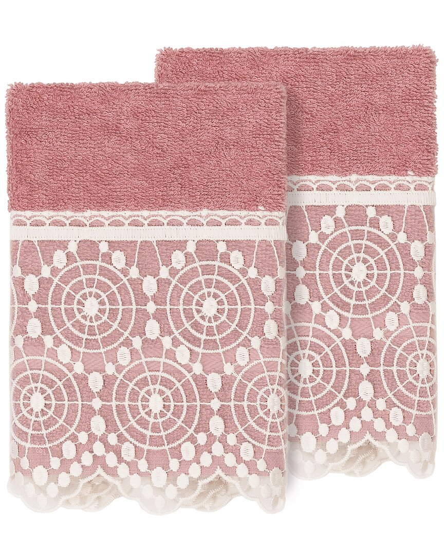 Linum Home Textiles 100% Turkish Cotton Arian 2pc Cream Lace Embellished Washcloth Set In Pink