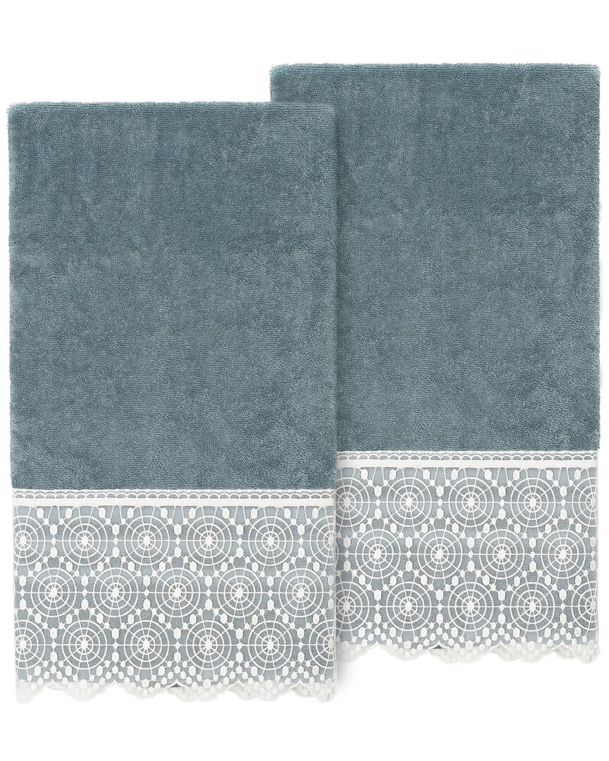 Linum Home Textiles 100% Turkish Cotton Arian 2pc Cream Lace Embellished Bath Towel Set In Teal