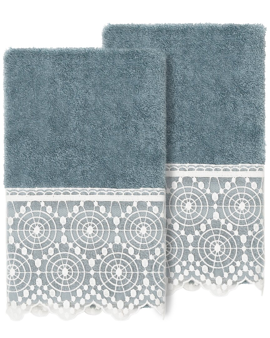 Linum Home Textiles 100% Turkish Cotton Arian 2pc Cream Lace Embellished Hand Towel Set In Teal