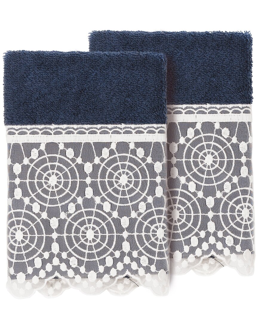 Linum Home Textiles 100% Turkish Cotton Arian 2pc Cream Lace Embellished Washcloth Set In Navy
