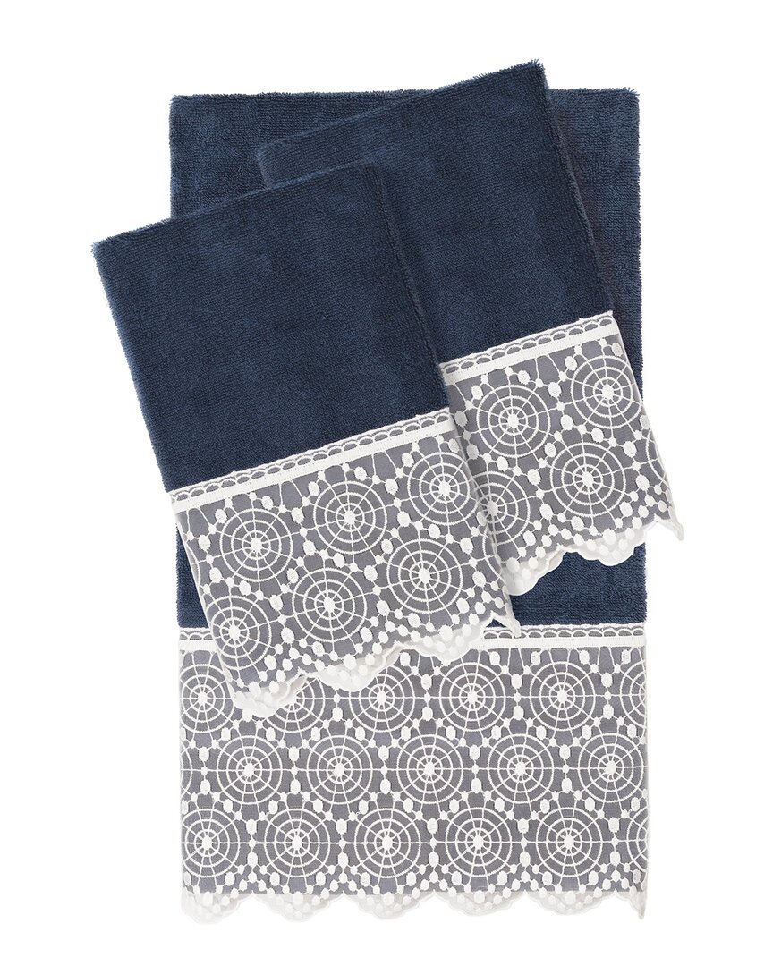 Linum Home Textiles 100% Turkish Cotton Arian 3pc Cream Lace Embellished Towel Set In Navy