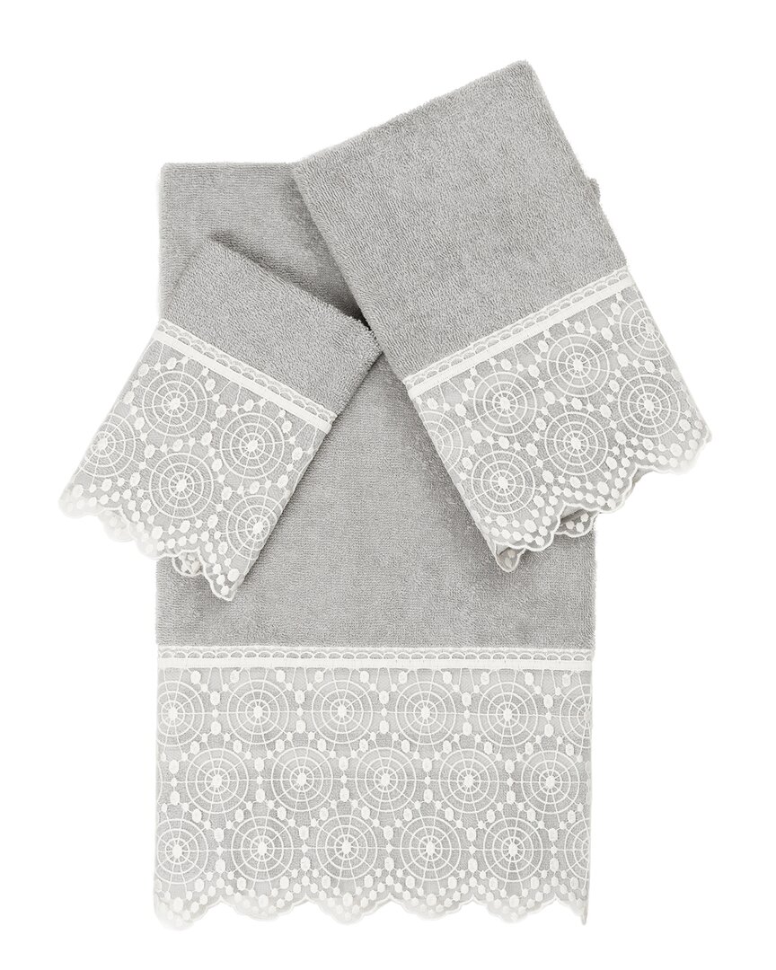 Linum Home Textiles 100% Turkish Cotton Arian 3pc Cream Lace Embellished Towel Set In Gray