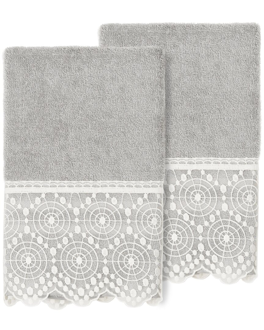 Linum Home Textiles 100% Turkish Cotton Arian 2pc Cream Lace Embellished Hand Towel Set In Gray
