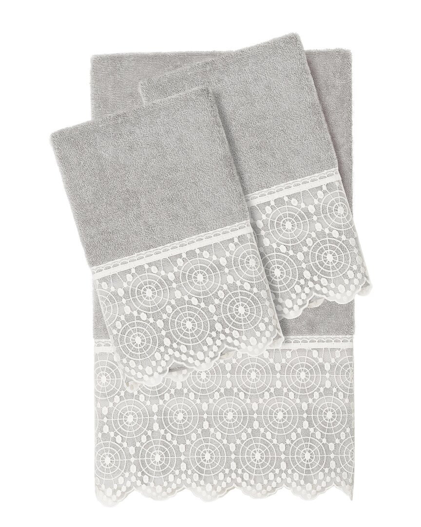 Linum Home Textiles 100% Turkish Cotton Arian 3pc Cream Lace Embellished Towel Set In Gray