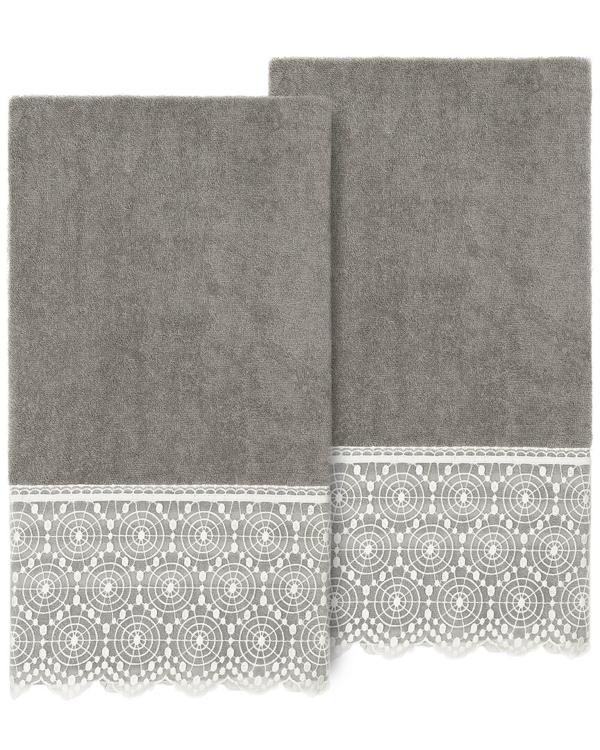 Linum Home Textiles 100% Turkish Cotton Arian 2pc Cream Lace Embellished Bath Towel Set In Gray