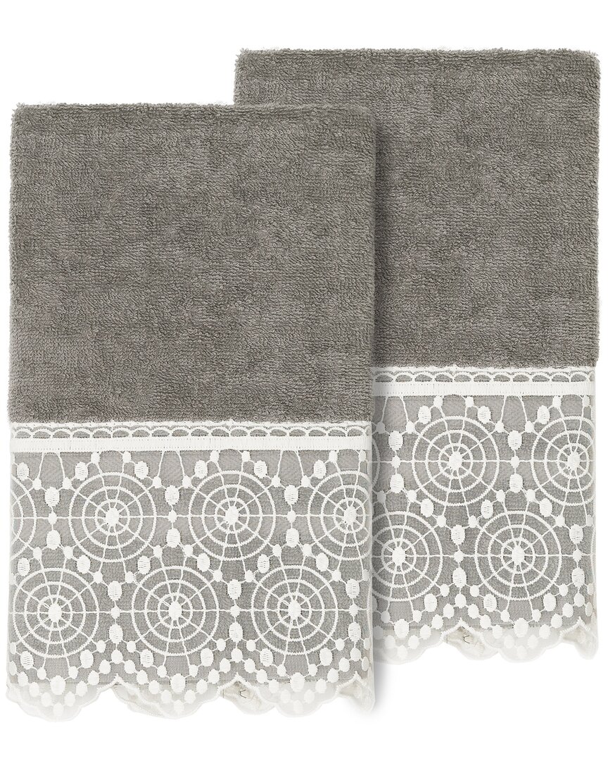 Linum Home Textiles 100% Turkish Cotton Arian 2pc Cream Lace Embellished Hand Towel Set In Gray