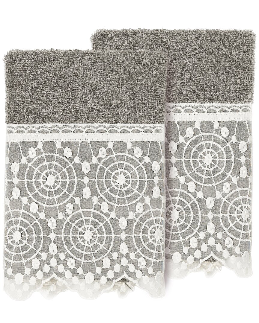 Linum Home Textiles 100% Turkish Cotton Arian 2pc Cream Lace Embellished Washcloth Set In Gray