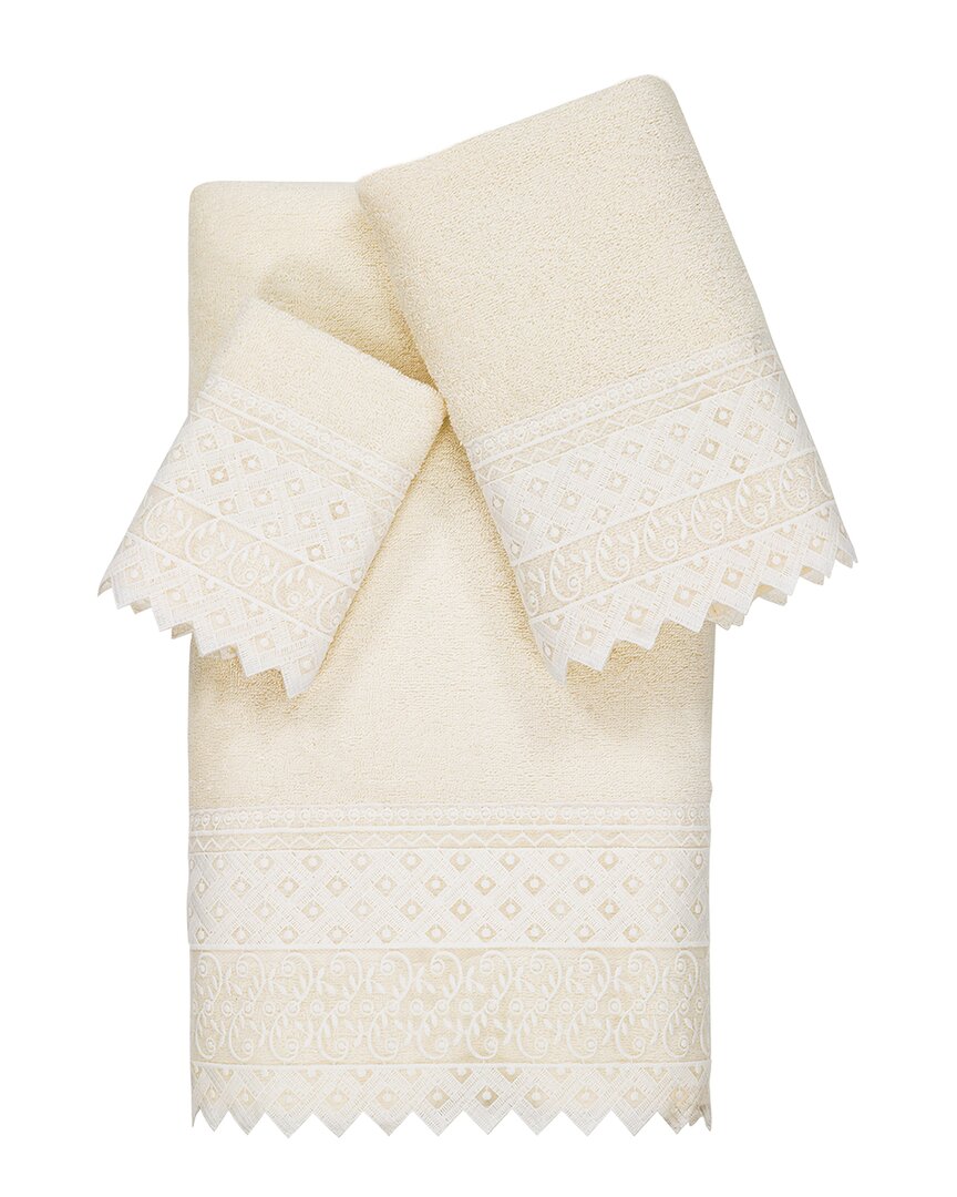 Linum Home Textiles 100% Turkish Cotton Aiden 3pc White Lace Embellished Towel Set In Cream