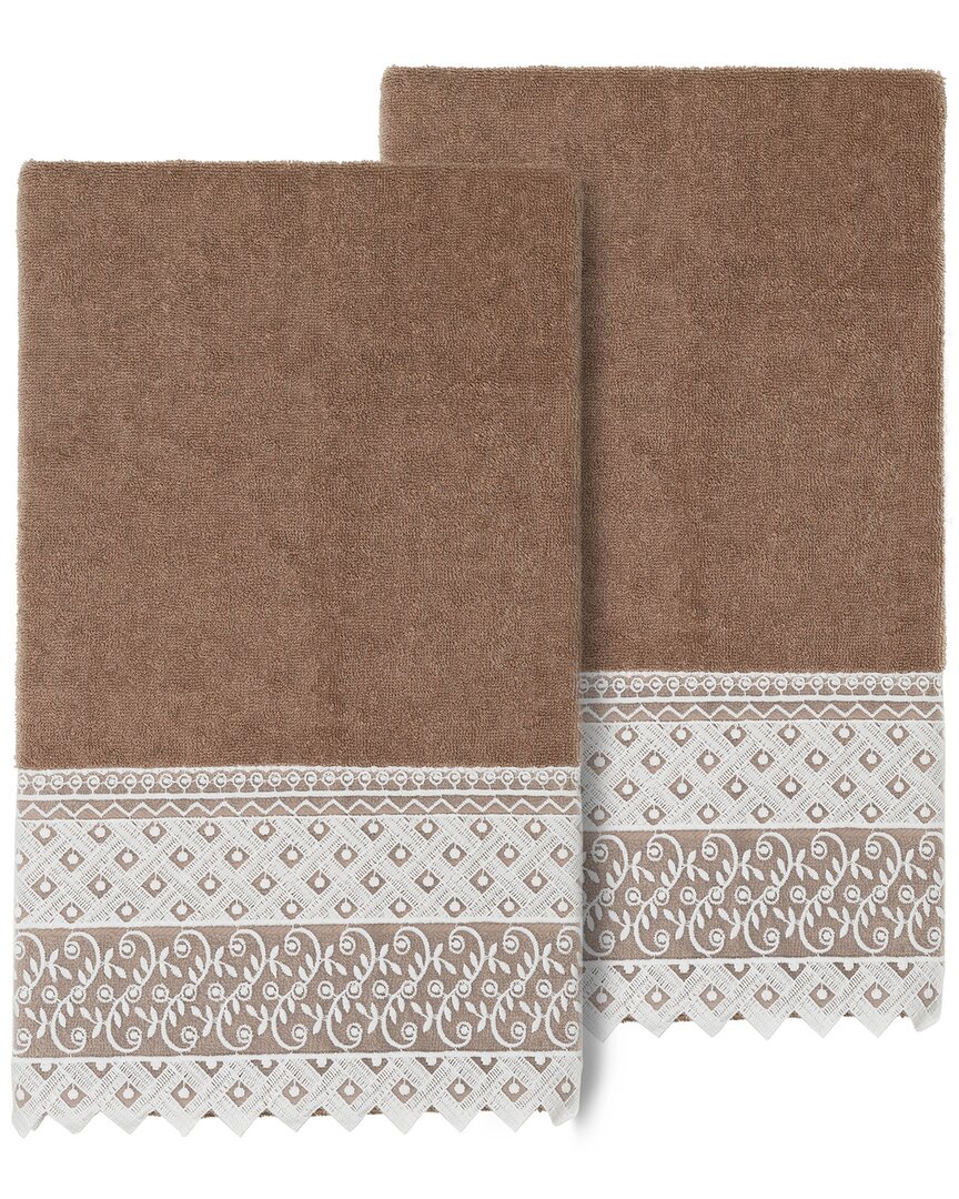 Linum Home Textiles 100% Turkish Cotton Aiden 2pc White Lace Embellished Bath Towel Set In Beige