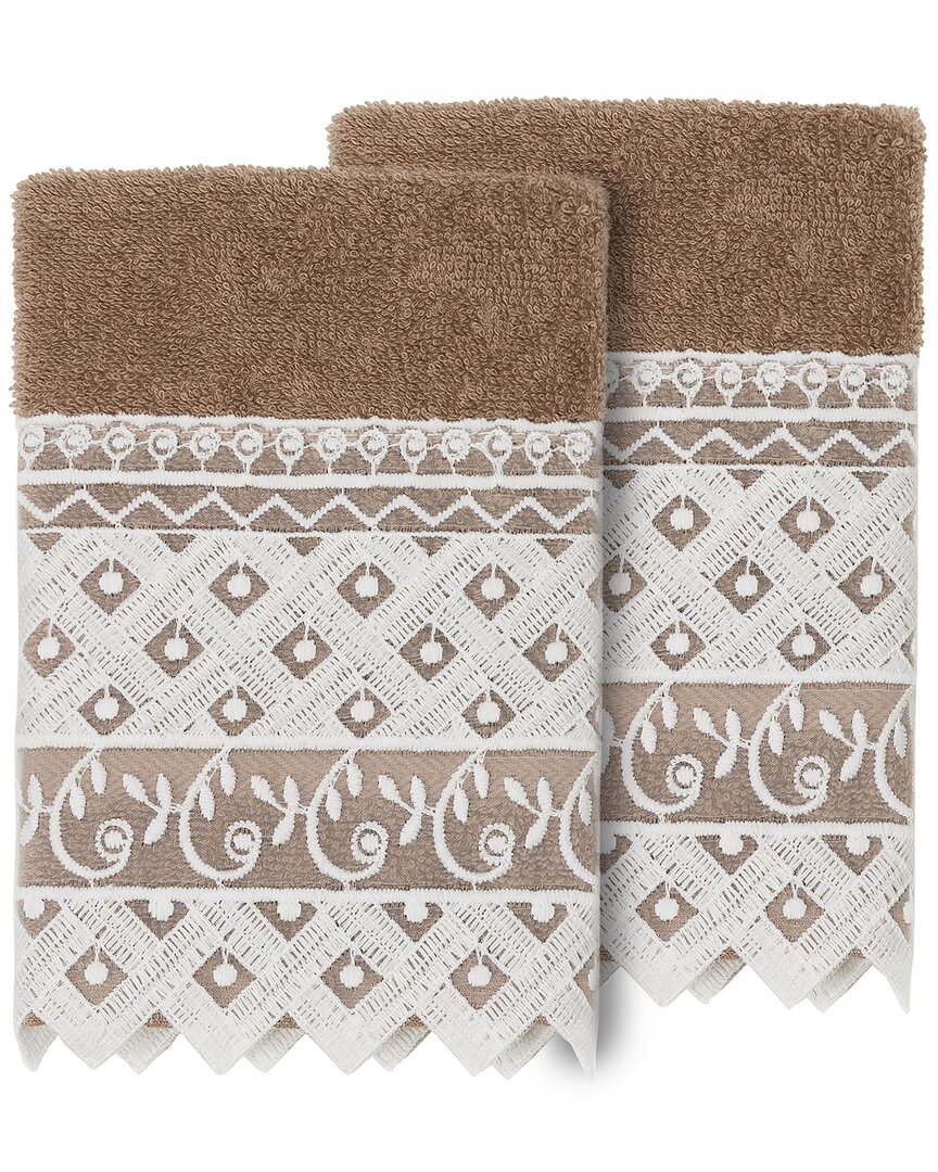 Linum Home Textiles 100% Turkish Cotton Aiden 2pc White Lace Embellished Washcloth Set In Brown