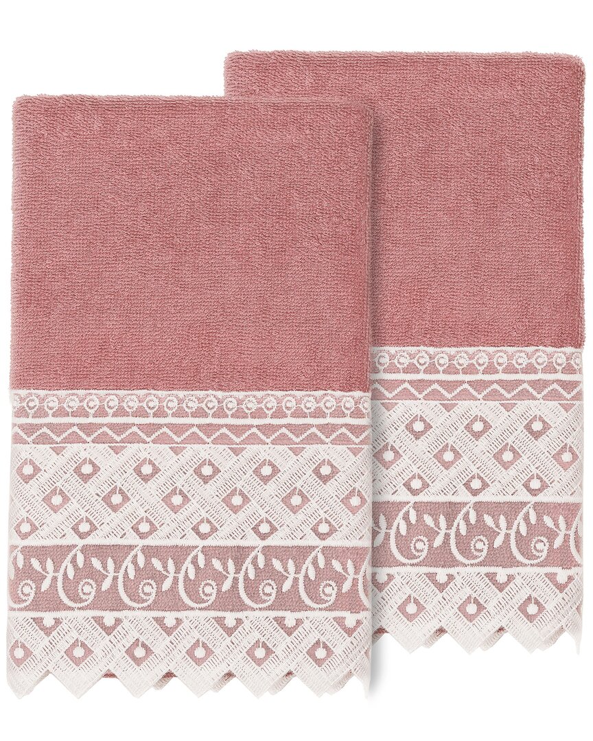 Linum Home Textiles 100% Turkish Cotton Aiden 2pc White Lace Embellished Hand Towel Set In Pink