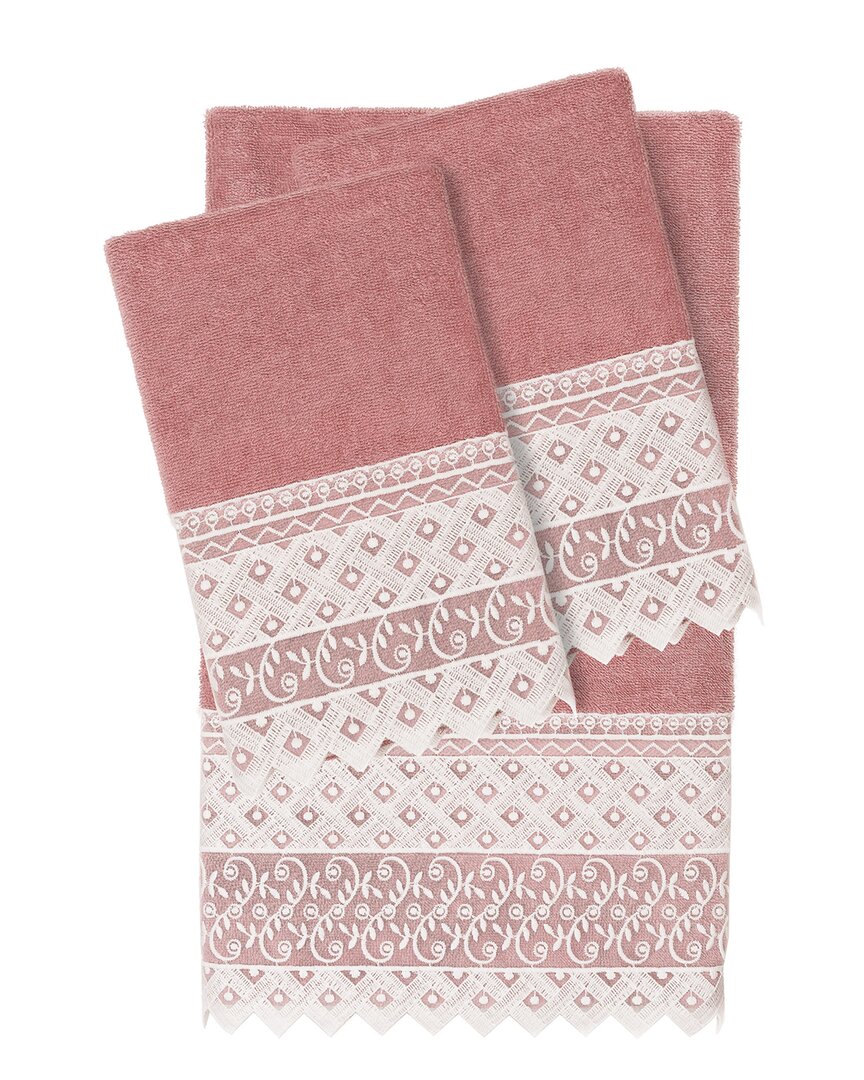 Linum Home Textiles 100% Turkish Cotton Aiden 3pc White Lace Embellished Towel Set In Pink