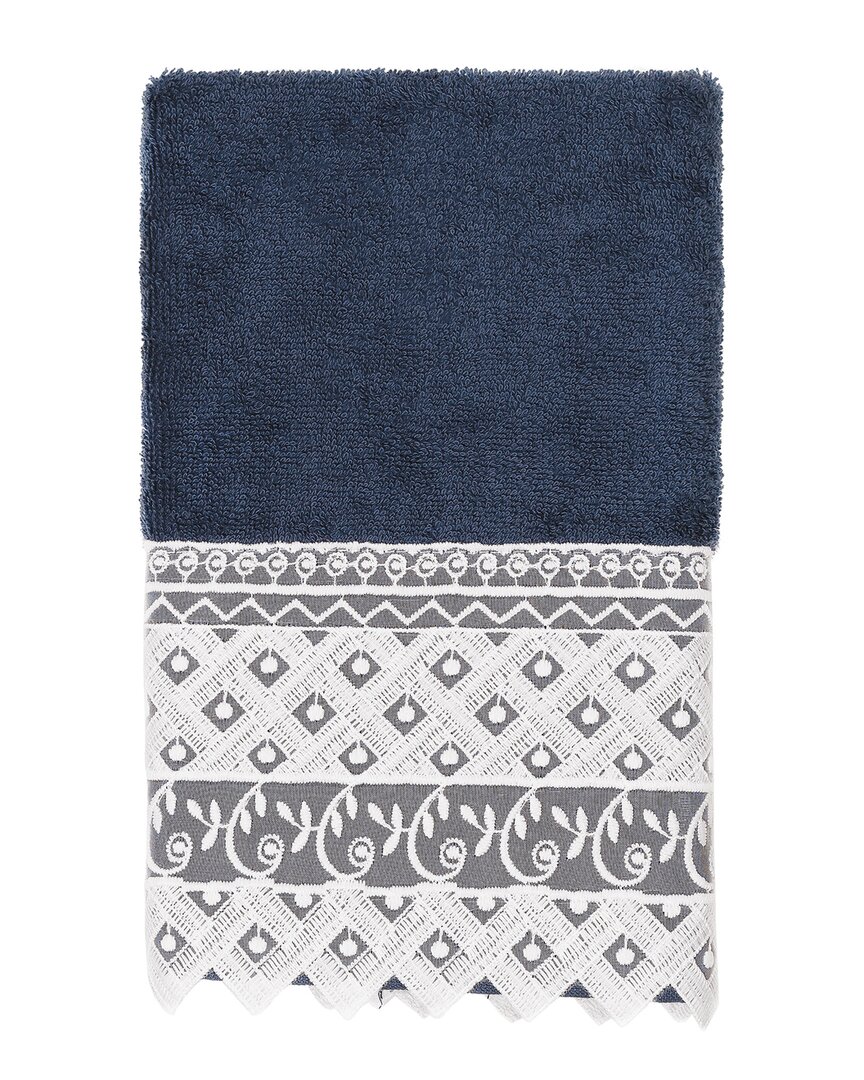 Linum Home Textiles 100% Turkish Cotton Aiden White Lace Embellished Hand Towel In Navy