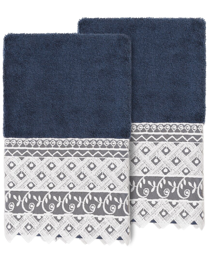Linum Home Textiles 100% Turkish Cotton Aiden 2pc White Lace Embellished Hand Towel Set In Navy