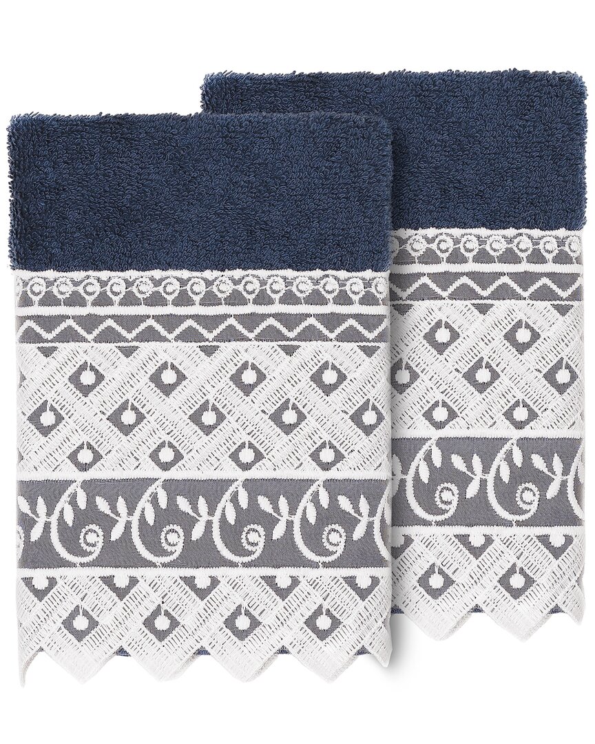 Linum Home Textiles 100% Turkish Cotton Aiden 2pc White Lace Embellished Washcloth Set In Navy