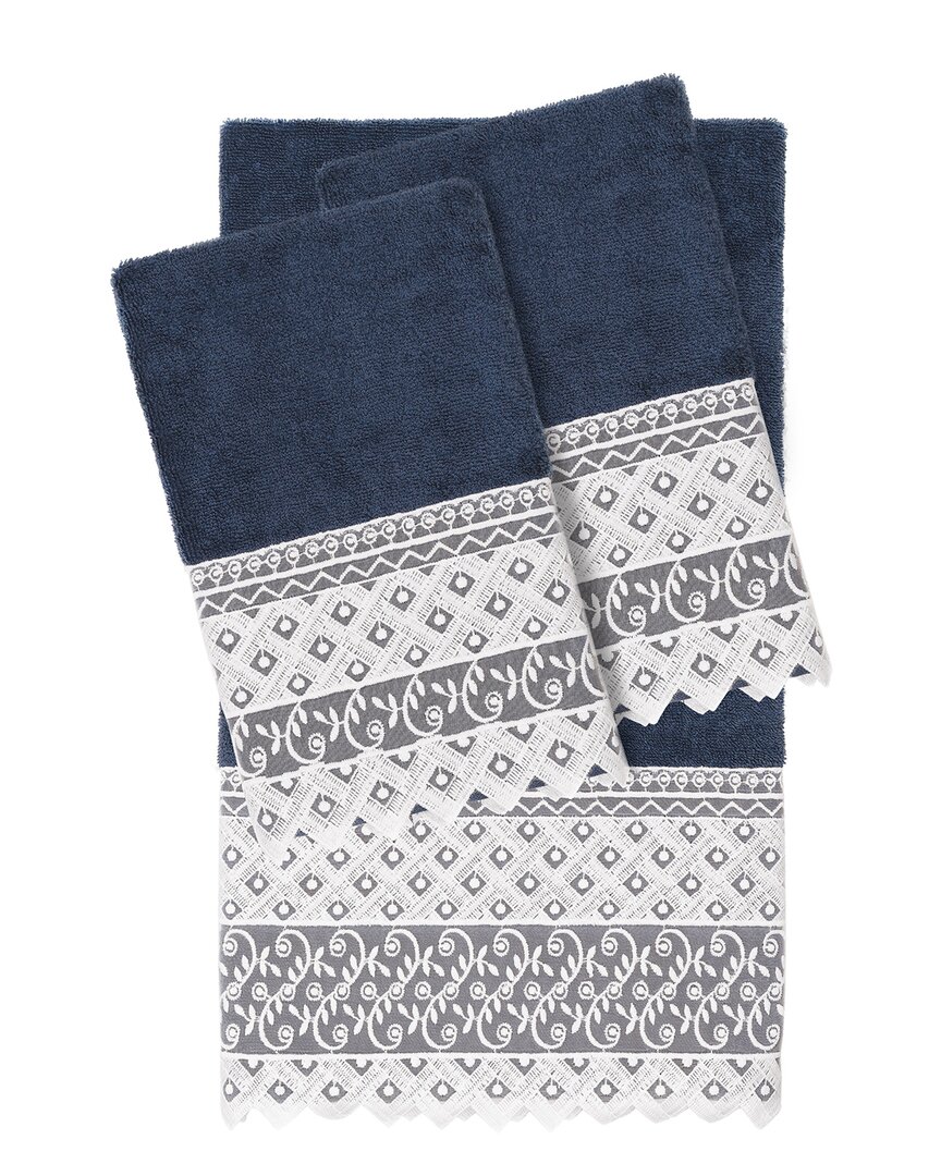 Linum Home Textiles 100% Turkish Cotton Aiden 3pc White Lace Embellished Towel Set In Navy