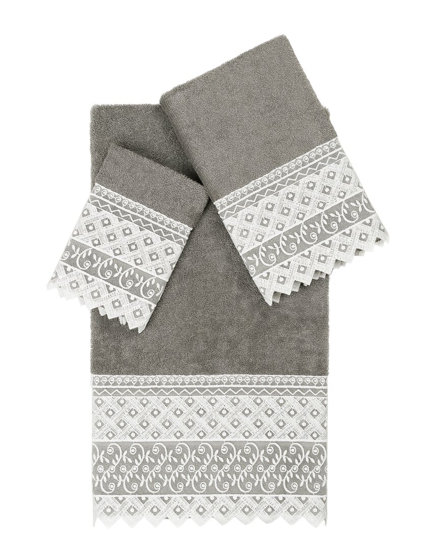 Linum Home Textiles 100% Turkish Cotton Aiden 3pc White Lace Embellished Towel Set In Gray