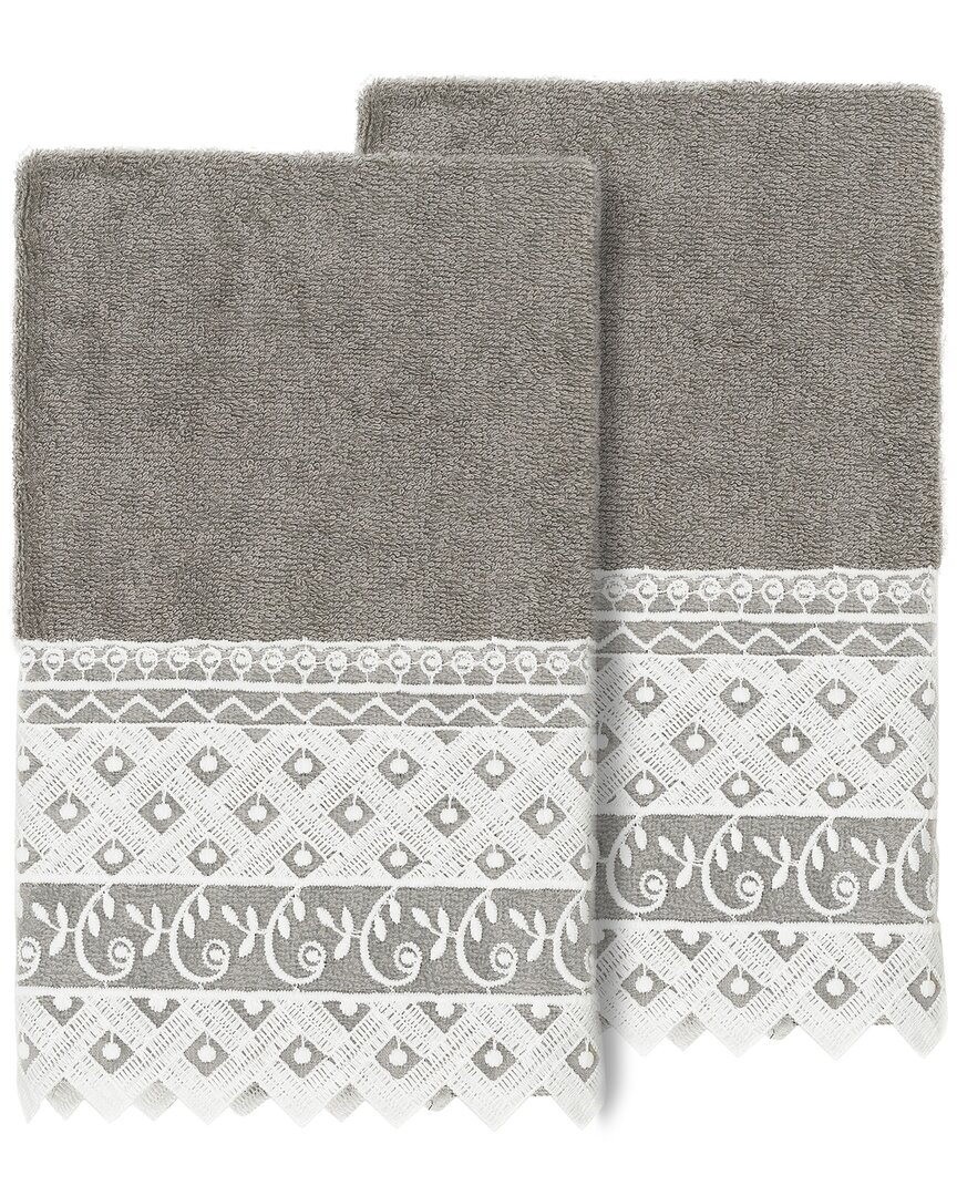 Linum Home Textiles 100% Turkish Cotton Aiden 2pc White Lace Embellished Hand Towel Set In Gray