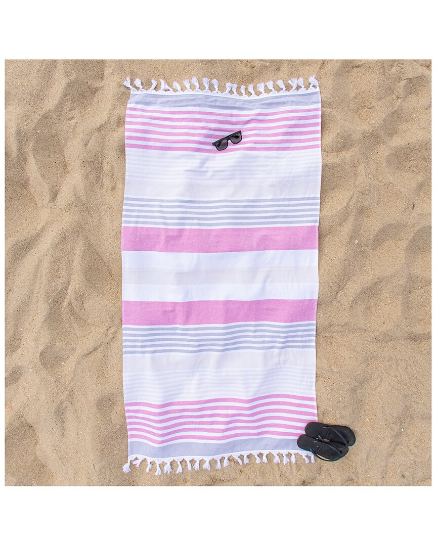 Superior Meera Stripe Fouta Lightweight Beach Towel With Tassels In Fuschia