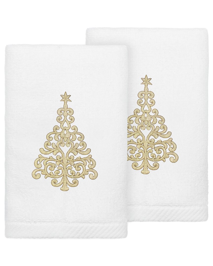 Linum Home Textiles Set Of 2 Christmas Tree Embroidered Luxury 100% Turkish Cotton Hand Towels