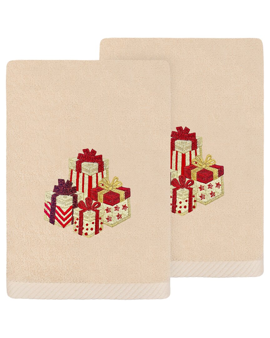 Linum Home Textiles Set Of 2 Christmas Packages Embroidered Luxury 100% Turkish Cotton Hand Towels