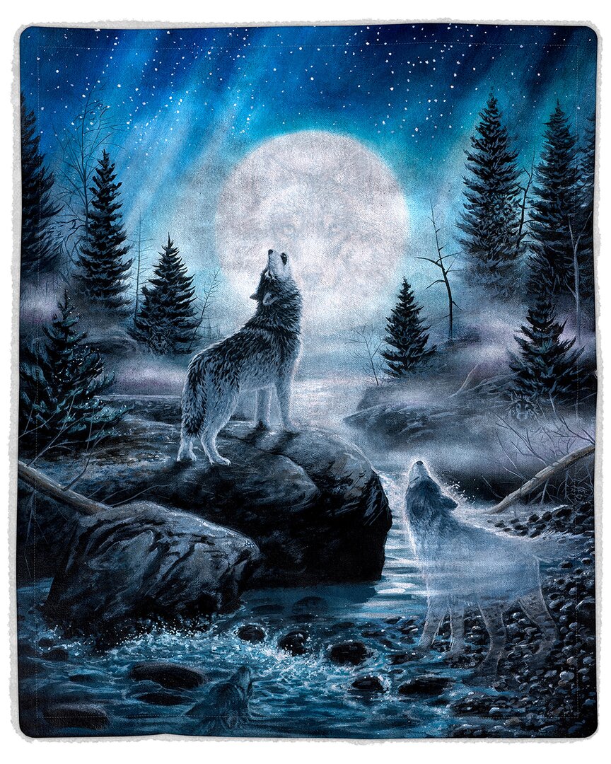 Lavish Home Howling Wolf And Moon Sherpa Throw Blanket In Multi