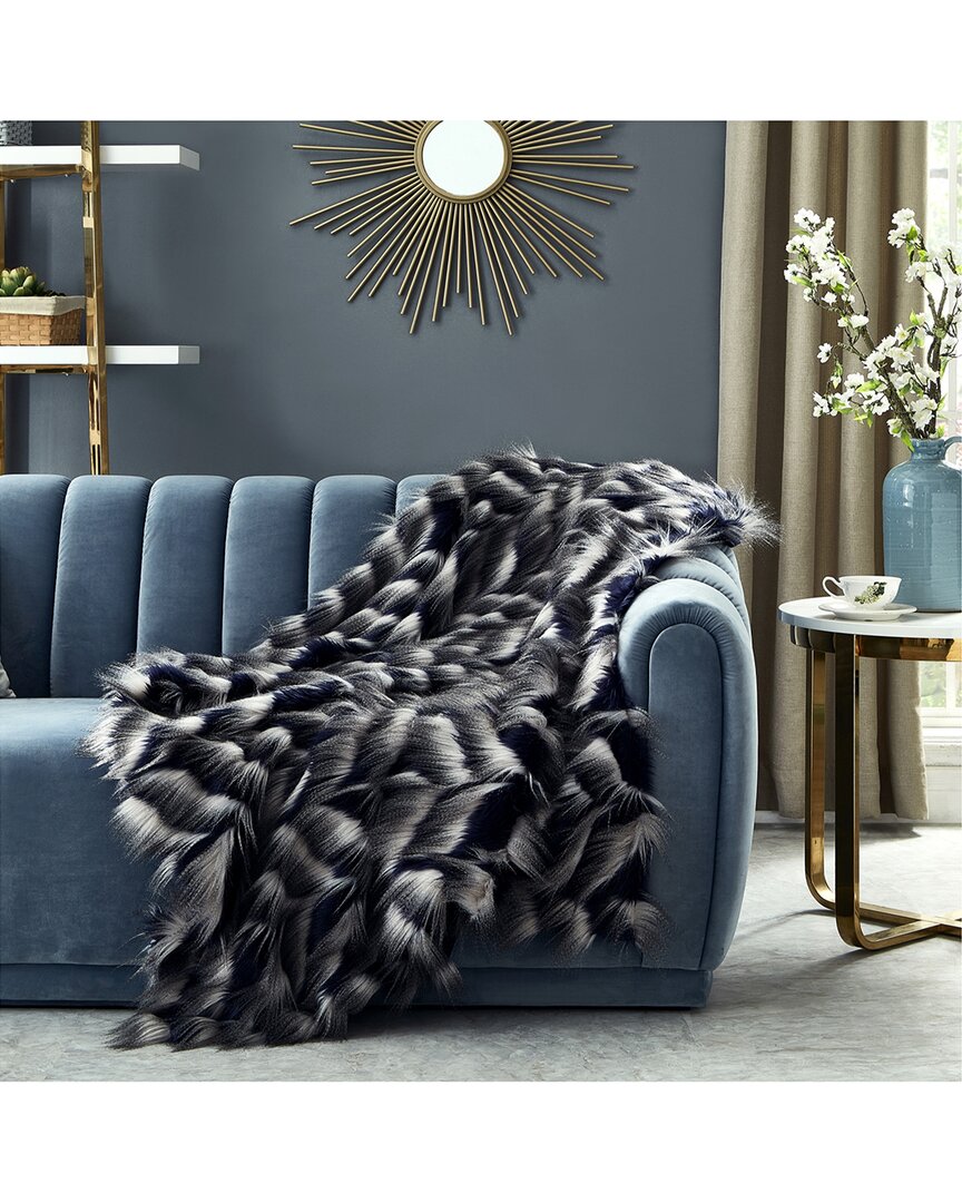 Cozy Tyme Beaumont Faux Feather Fur Throw In Navy
