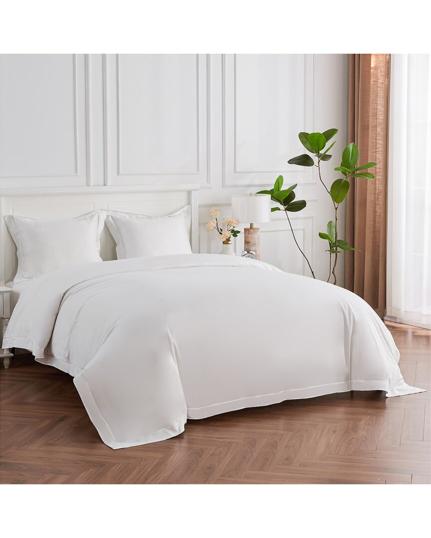 Melange Home 600 Thread Count Framed Embroidery Sateen Cotton Duvet Set In White
