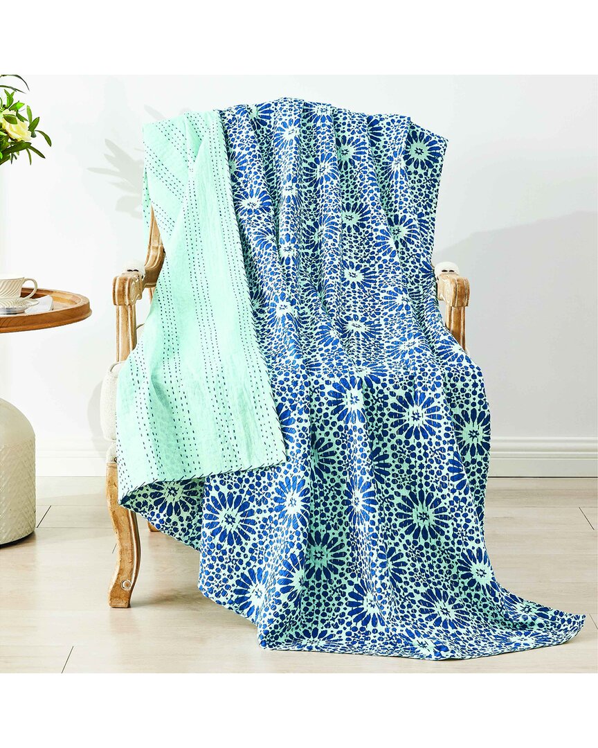 Melange Hand Stitched Flower Burst Kantha Throw - Indigo