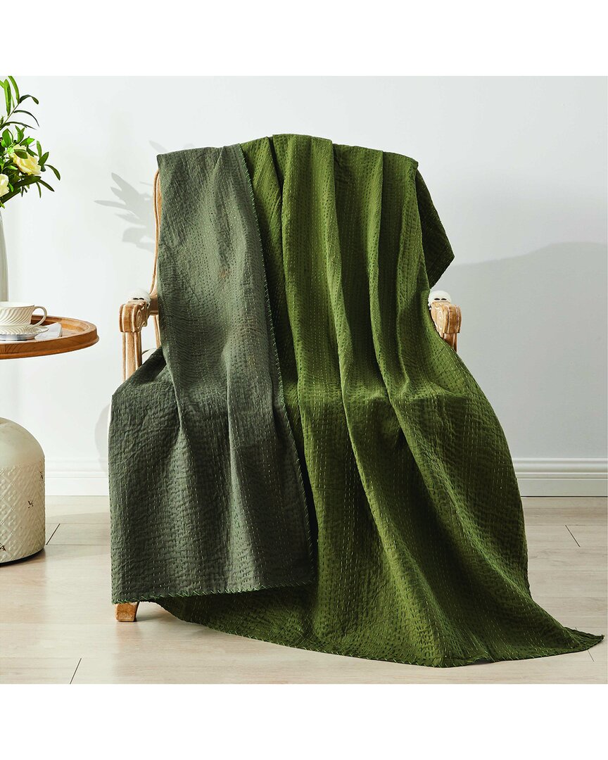 Melange Hand Stitched Scallop Kantha Throw - Forest