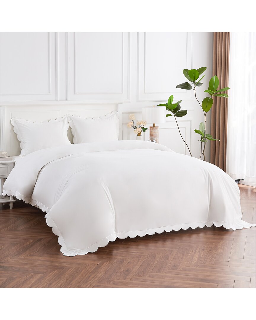 Melange Mélange Home 300 Thread Count Scallop Frame Embroidery Percale Cotton Duvet Set In White