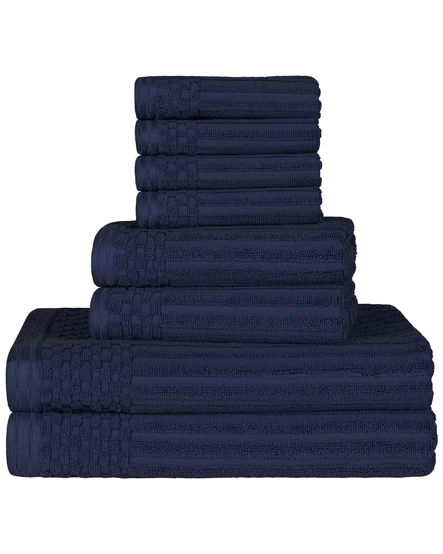 Superior Cotton Highly Absorbent 8pc Solid And Checkered Border Towel Set In Navy