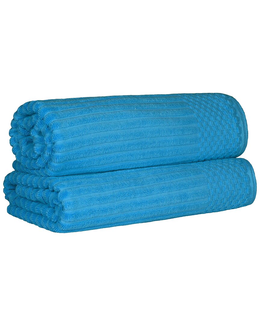 Superior Cotton Highly Absorbent Solid And Checkered Border Bath Sheet Set In Blue