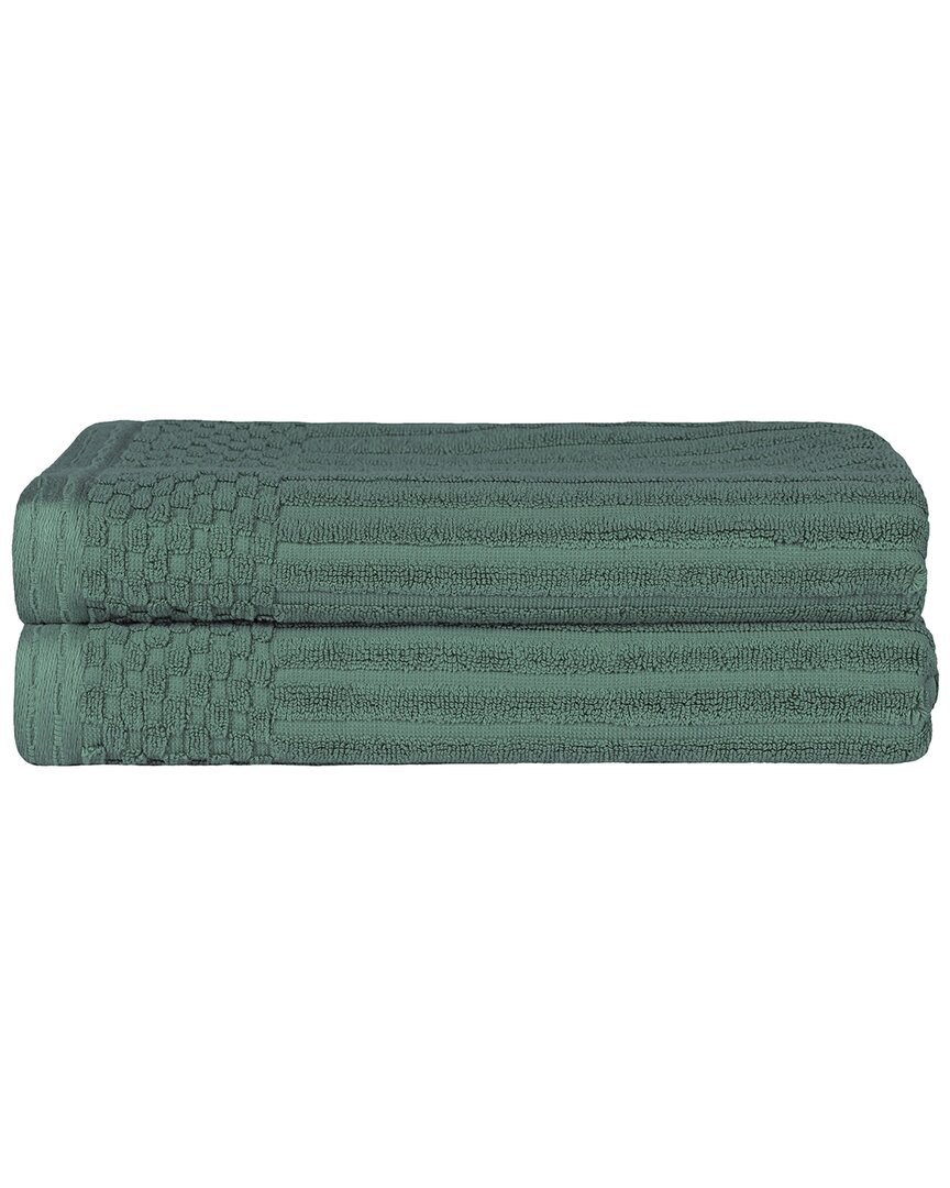 Superior Cotton Highly Absorbent Solid And Checkered Border Bath Towel Set In Green