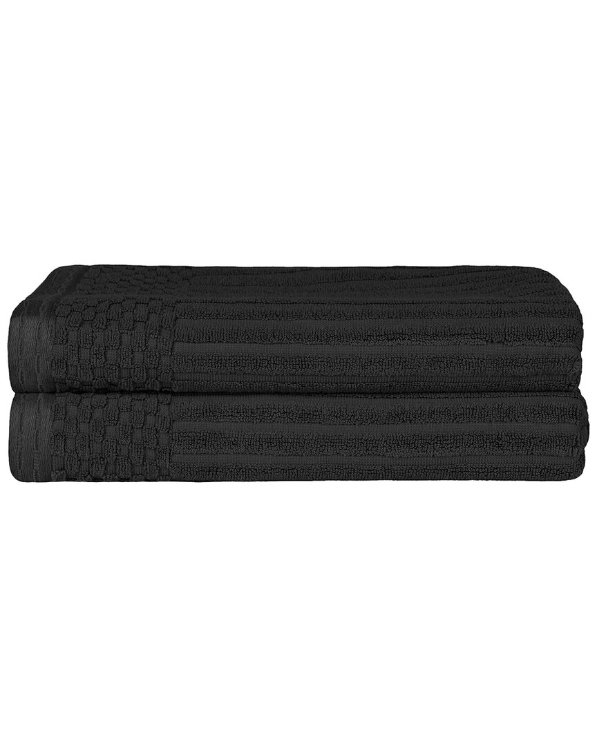 Superior Cotton Highly Absorbent Solid And Checkered Border Bath Towel Set In Black