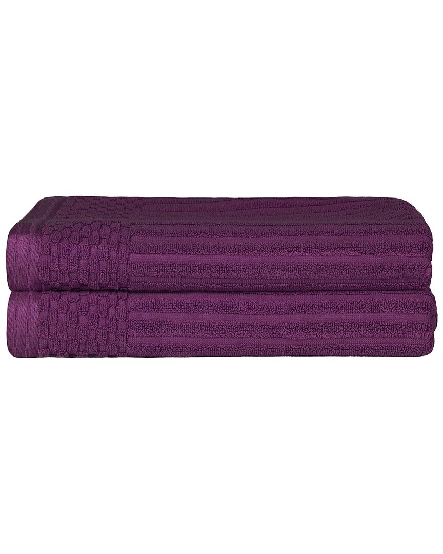Superior Cotton Highly Absorbent Solid And Checkered Border Bath Towel Set In Purple