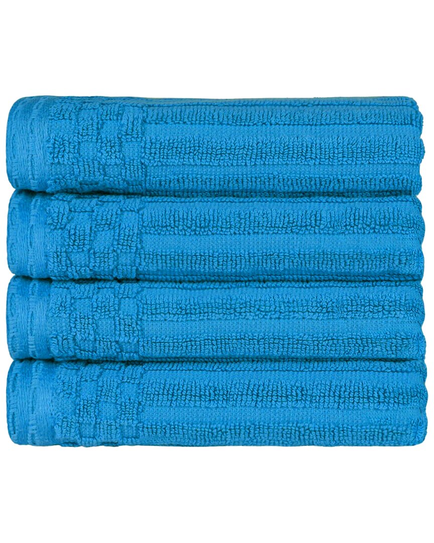 Superior Cotton Highly Absorbent Solid And Checkered Border Hand Towel Set In Blue
