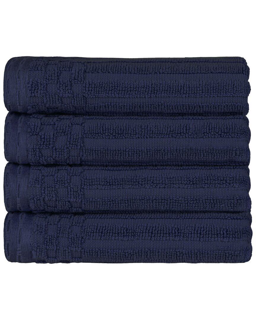 Superior Cotton Highly Absorbent Solid And Checkered Border Hand Towel Set In Navy