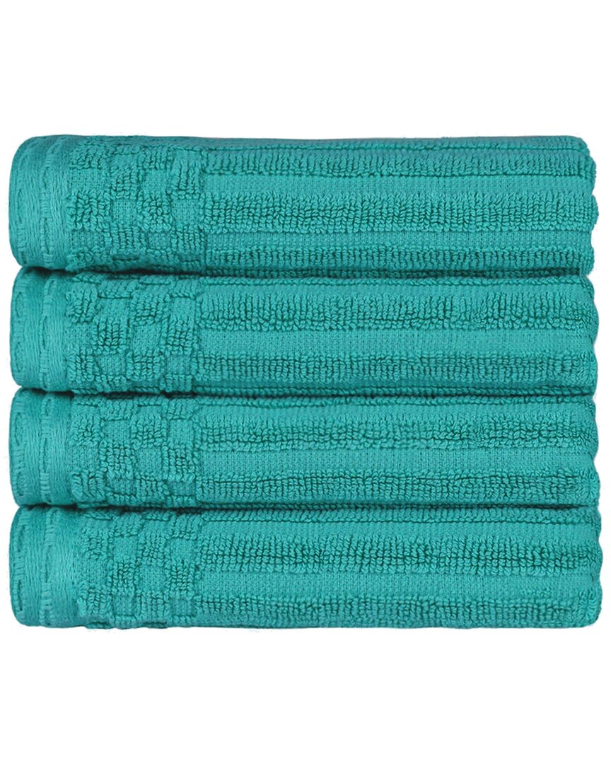 Superior Cotton Highly Absorbent Solid And Checkered Border Hand Towel Set In Turquoise