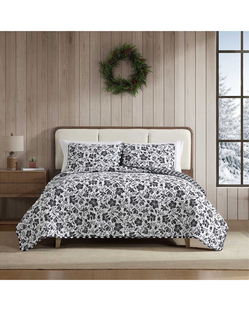 Eddie Bauer Woodblock Floral Flannel Cotton Reversible Quilt Sets In Gray