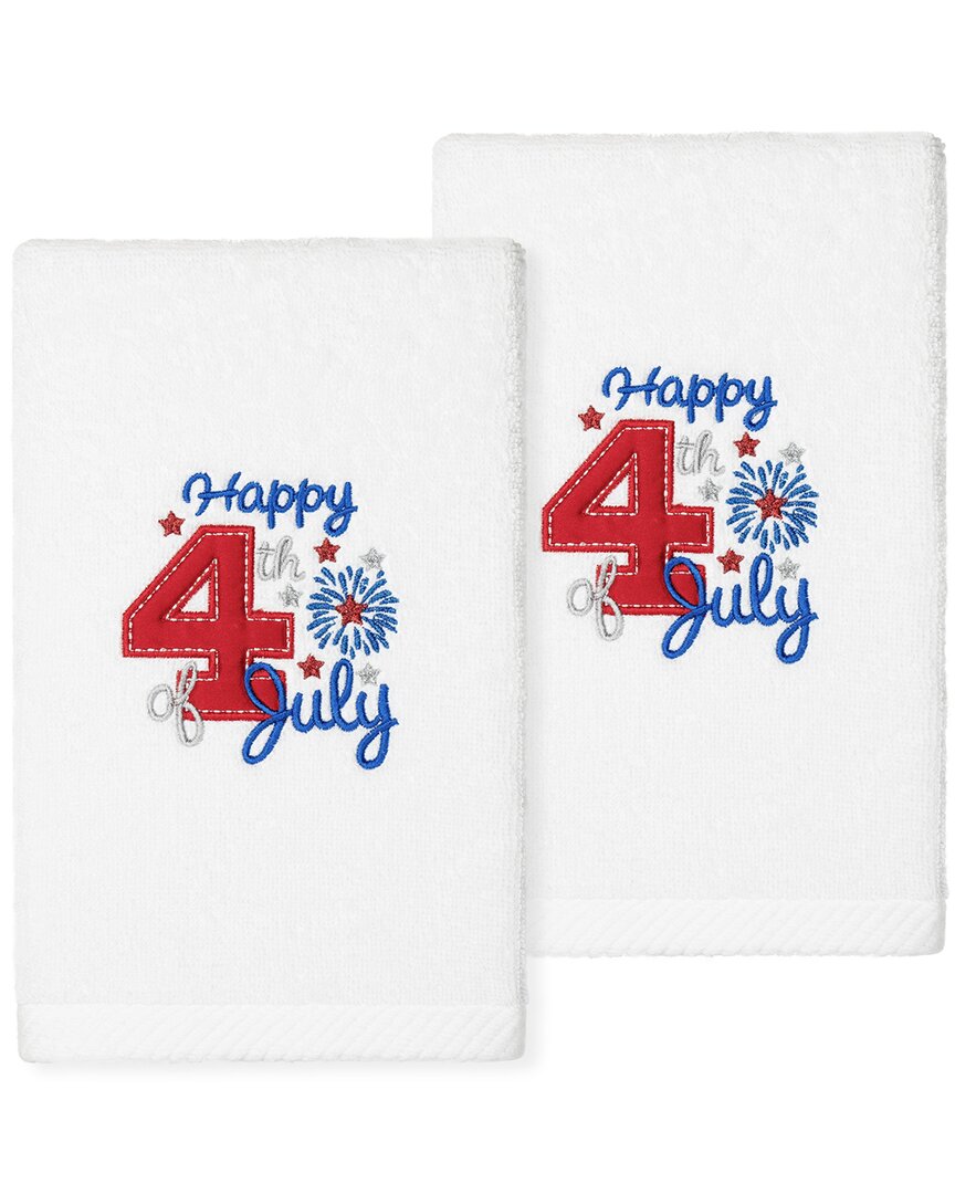 Linum Home Textiles 4th Of July Embroidered Luxury 100% Turkish Cotton Hand Towels (set Of 2) In White
