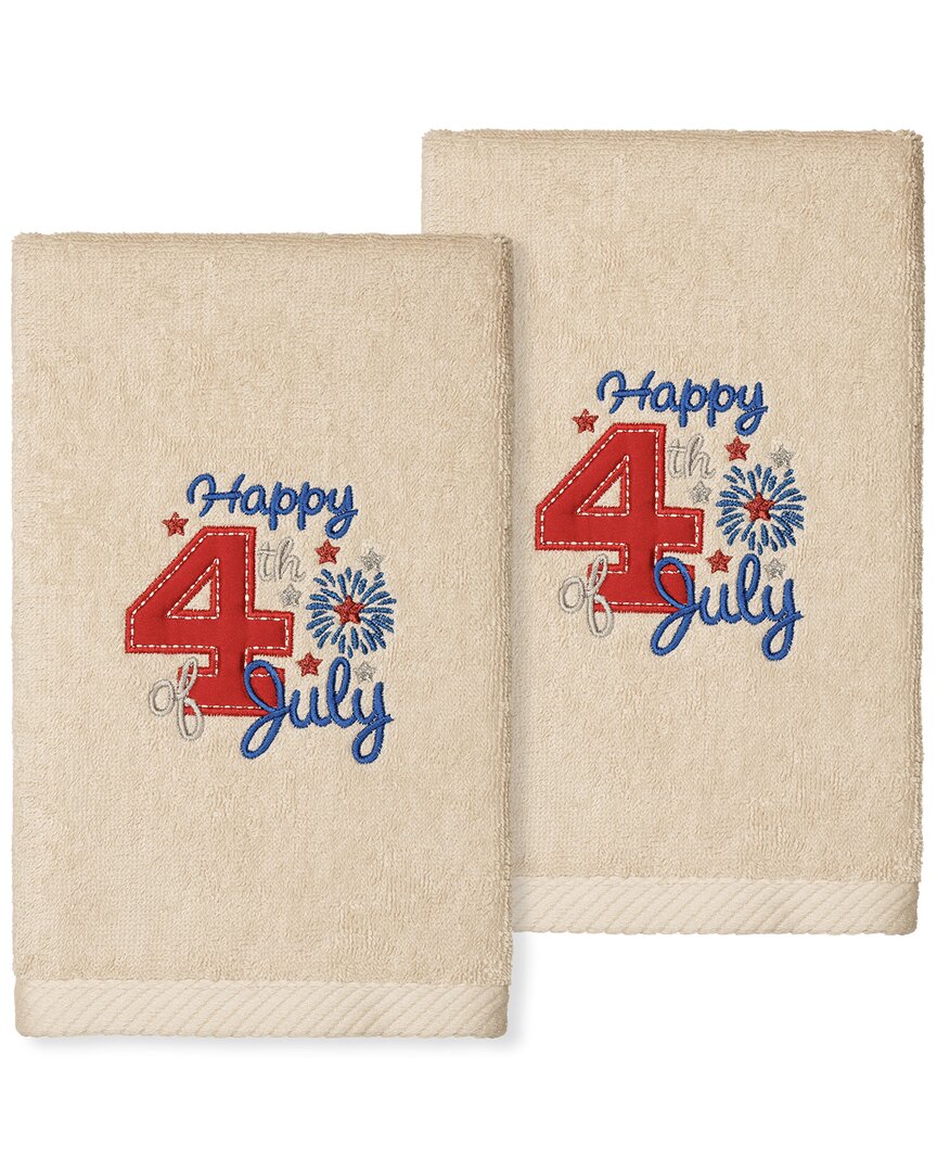 Linum Home Textiles 4th Of July Embroidered Luxury 100% Turkish Cotton Hand Towels (set Of 2) In Sand