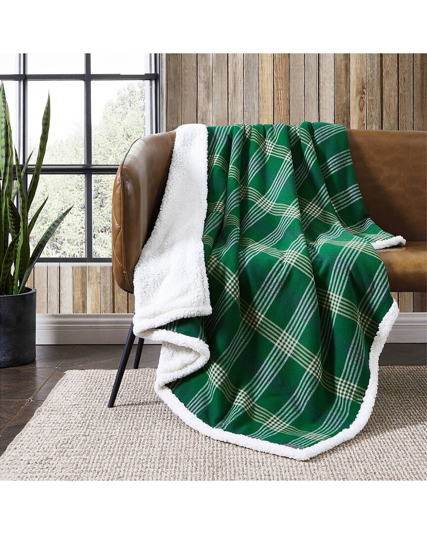 Eddie Bauer Union Bay Plaid 100% Cotton Flannel Reversible Throw Blanket In Green