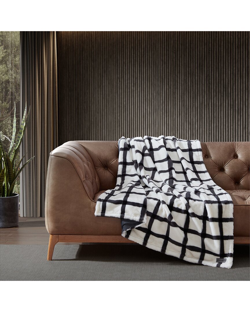 Eddie Bauer Bunkhouse Plaid Fur Like-reversible Throw Blanket In Grey