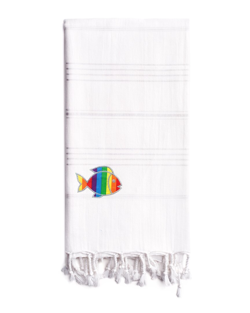 Linum Home Textiles Turkish Cotton Summer Fun Sparkling Rainbow Fish Pestemal Beach Towel In White