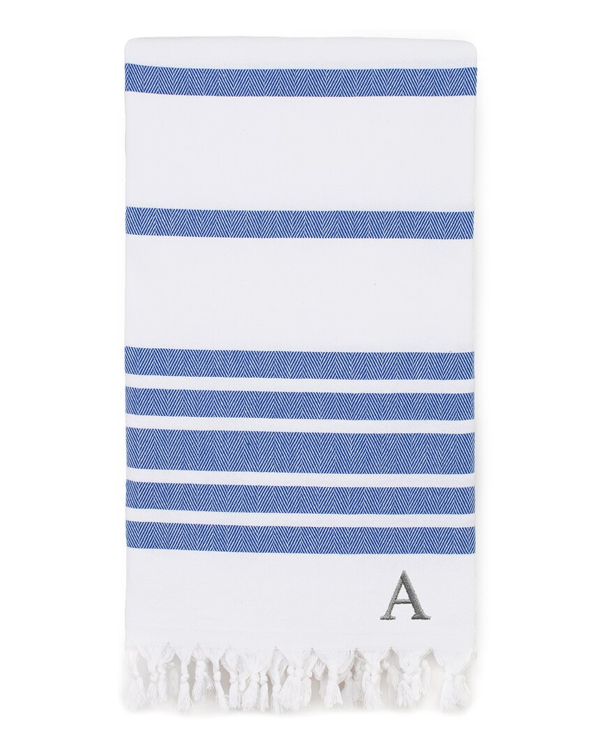 Linum Home Textiles Herringbone Pestemal Beach Towel Monogrammed (a-z) In Blue