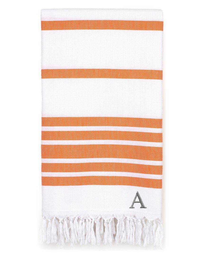 Linum Home Textiles Herringbone Pestemal Beach Towel Monogrammed (a-z) In Orange