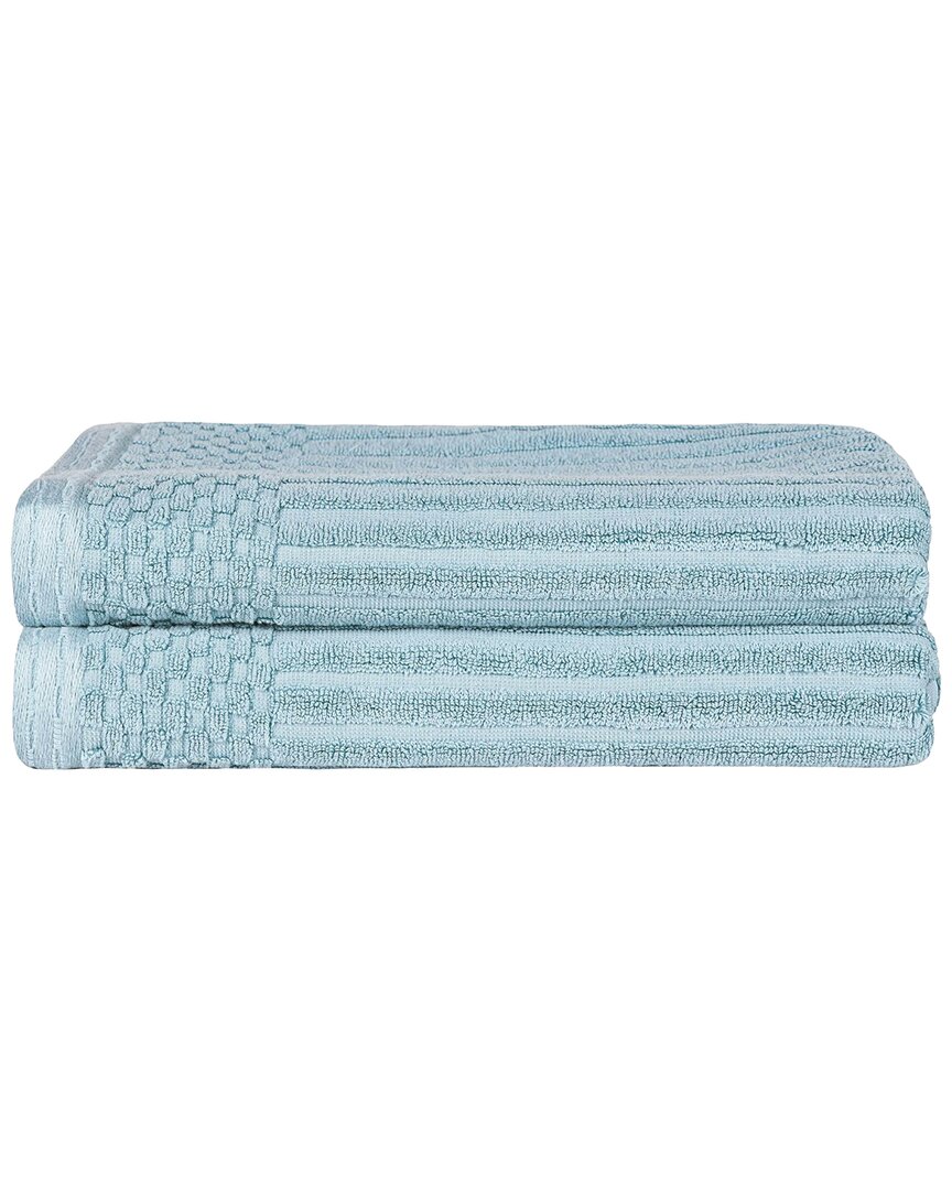 Superior Cotton Highly Absorbent Solid And Checkered Border Bath Towel Set In Blue