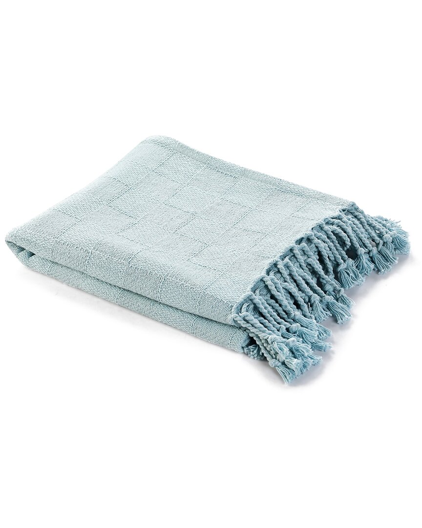Lr Home Light Blue Solid Checkered Weave Throw Blanket With Fringe In Blue